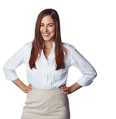 Image showing Business person, woman and smile standing isolated on white background with success and vision in portrait. Corporate job, leadership and female leader, happy with career and professional mockup