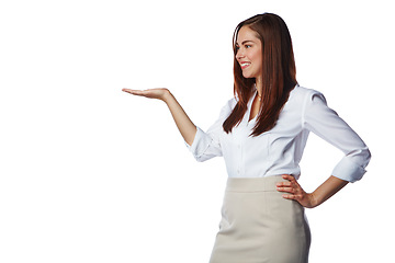 Image showing Hand, advertising and corporate woman on a white background for product placement, logo and mockup. Business deal, display and isolated girl with hand gesture for information, news and announcement