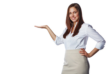 Image showing Advertising, display and woman with hand on a white background for product placement, sign and deal. Presentation, mockup and isolated girl with hand gesture for information, news and announcement