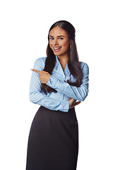 Image showing Businesswoman, standing and pointing finger isolated on a white background for advertising. Portrait of female model, business person showing gesture for advertisement against white studio background