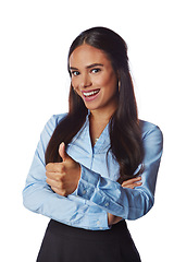 Image showing Business woman, smile and thumbs up for winning, deal or discount against white studio background. Portrait of a isolated happy female employee model standing with thumbsup for good job, done or sale