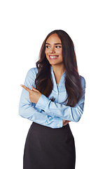 Image showing Businesswoman, standing and pointing finger isolated on a white background for advertising. Female employee, model or business person with smile showing gesture for advertisement or marketing