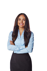 Image showing Smile, arms crossed and portrait of business woman for marketing, innovation or vision. Smiling, happy and fashion with isolated face of person for mindset, career or goal in white background studio