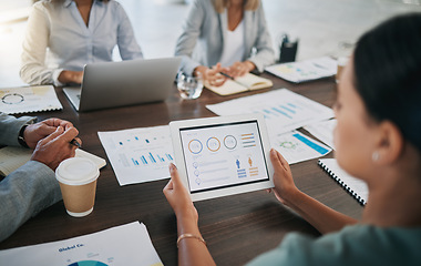 Image showing Digital tablet, meeting and business people with paperwork planning a project with data, graphs and statistics. Technology, documents and team working on a corporate company strategy in the workplace