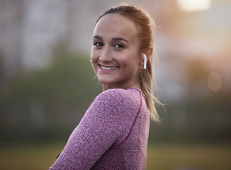 Image showing Woman, portrait and earpods with music and fitness outdoor, smile and sports motivation mockup with audio streaming. Radio, podcast and female listening during workout, exercise and health wellness