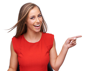 Image showing White background, pointing finger and portrait of woman for fashion, marketing and advertising. Beauty, retail and girl model with copy space for deal, sale and product placement isolated in studio