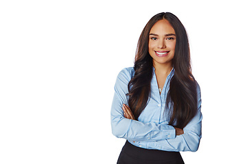 Image showing Isolated, business and portrait of woman with mockup in white background studio for management, leader and fashion. Happy, smile and confident with Brazilian girl and arms crossed for formal and cute