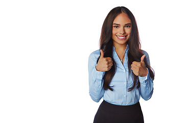 Image showing Business woman, hands and thumbs up for mockup discount, deal or winning against white studio background. Portrait of isolated happy female employee standing with thumbsup for good job, done or sale