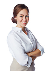 Image showing Isolated, business and portrait of woman with arms crossed in white background studio for management, leader and fashion. Happy, smile and confident with New York girl for formal, cute and style