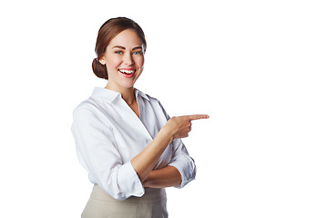 Image showing Banner, mock up and business woman pointing finger isolated against a studio white background. Happy, confident face and smiling corporate employee showing copyspace gesture for a promo deal