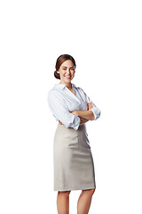 Image showing Isolated, business and portrait of woman with mockup in white background studio for management, leader and fashion. Happy, smile and confident with New York girl and arms crossed for formal and cute