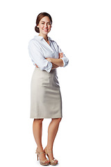 Image showing Smile, arms crossed and portrait of business woman for marketing, innovation or vision. Smiling, happy and fashion with isolated face of person for mindset, career or goal in white background studio