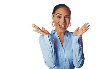 Image showing Happy, wow and excited woman in a studio with a positive mindset, good news and surprise. Pride, win and portrait of corporate female model with a surprised hand gesture isolated by white background.