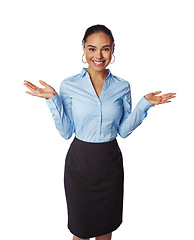 Image showing Business woman, smile portrait and open hands standing ready for employee motivation or positive mindset isolated in white background. Corporate female, happy gesture and leadership vision