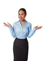 Image showing Business woman, portrait or weigh hands on promotion mockup, isolated marketing space or advertising mock up. Smile, happy or corporate worker and palm options, decisions or white background choices