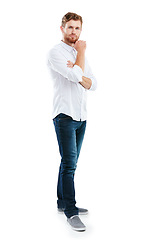 Image showing Portrait, thinking and handsome entrepreneur in studio with idea or contemplation against white background. Confused, businessman and unsure guy with doubt, contemplating and decide while isolated