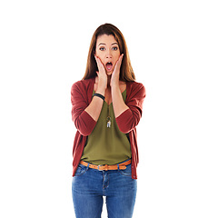 Image showing Woman, shocked face portrait and hands for surprise, announcement or excited isolated in white background. Young female, scared facial expression and shock emoji with amazed hands gesture in studio