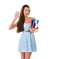 Image showing Woman, studio portrait and books with smile, study and white background at college, education or future. Isolated student girl, happy or studying with pen, focus or excited for learning at university