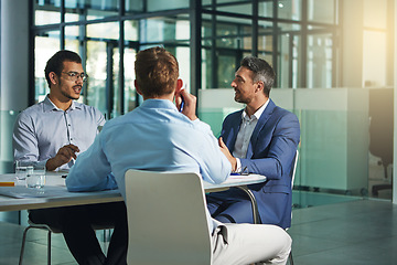 Image showing Business people, meeting and discussion for corporate idea strategy, building or late at the office. Group of employee workers in business meeting, team planning or collaboration at the workplace