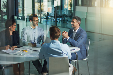 Image showing Business people, meeting and discussion for corporate planning, strategy or brainstorming at the office. Group of employee workers in business meeting, team planning or collaboration at the workplace