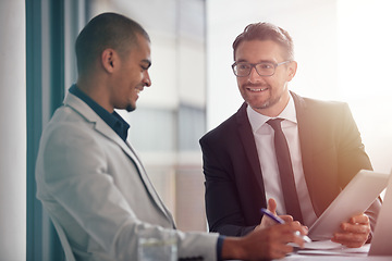 Image showing Business men, planning and tablet while talking about corporate strategy, partnership and idea. Male team in management meeting discussion and online for finance growth, innovation and development