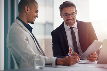 Image showing Business team, tablet and planning online for corporate strategy, partnership or proposal deal. Men together in a management meeting discussion with a internet app for ideas, motivation and feedback