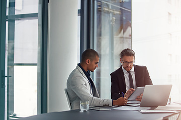 Image showing Business people, planning and tablet for corporate strategy for online marketing and teamwork. Discussion with men in a management meeting with internet app for ideas, finance and innovation