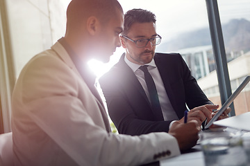 Image showing Business people, meeting and tablet for planning online, corporate strategy or partnership. Corporate men together in a discussion about finance and budget for online marketing ideas in office