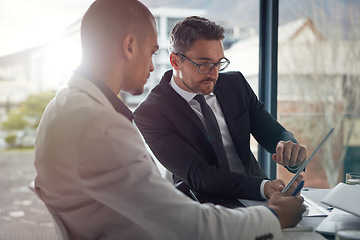 Image showing Business people, tablet and planning online for corporate strategy during discussion of information. Man in a meeting with manager, mentor or coach for finance investment conversation on mobile app