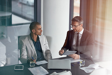 Image showing Business people, tablet and planning during a meeting in office with accounting team. Men together in a discussion with documents, internet and ideas for management growth, development and mission