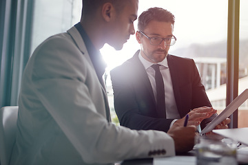 Image showing Collaboration, business people and tablet planning for corporate strategy online in a office. Men together in a meeting discussion as management for digital marketing, proposal or deal opportunity