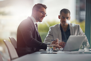 Image showing Business people, laptop and planning while reading email information online with lawyer and client . Men together in meeting discussion with company wifi internet to do research on case for advice