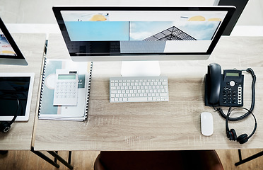 Image showing Above call center, computer and VOIP phone on desk for communication, contact us and consulting. Telemarketing office, telephone and headphones on table for customer support, help or service with pc