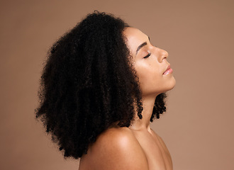 Image showing Hair care, afro and face profile of black woman with clean shampoo hair, skincare glow and relax on background. Wellness, spa salon and African model with makeup, cosmetics and healthy hair growth