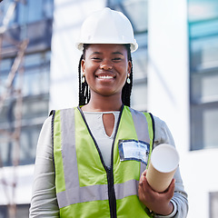 Image showing Architecture, project management and portrait of black woman at construction site for civil engineering, designer and building inspection. Industrial, vision and goal with construction worker