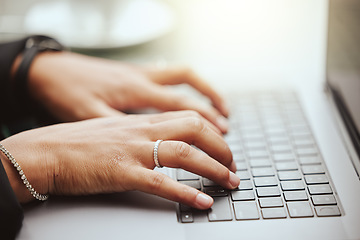 Image showing Typing, hacker or programmer hands with laptop for database coding, web design or review UX SEO software code. Zoom, hand or developer with notebook for planning, data analysis or strategy search.