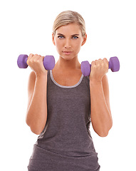 Image showing Woman, studio portrait and dumbbells for fitness, muscle development and health by white background. Weightlifting model, focus face and isolated for training, workout and exercise with body goals