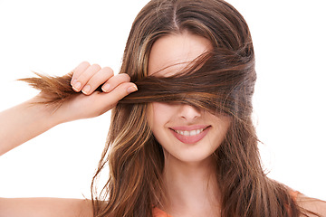 Image showing Woman, hair care and covering face on studio for healthy skincare, smooth textures and cosmetics. Happy model, beauty salon and long hair growth from keratin shampoo, product and wellness aesthetic