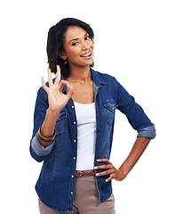 Image showing Hand signal, ok and portrait of black woman with smile on face, agreement and understanding isolated on white background. Motivation, approval and good job sign language meme, happy woman in studio.