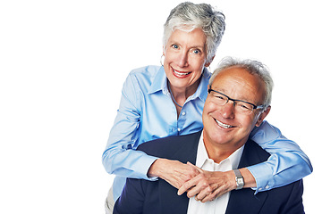 Image showing Senior couple, happy portrait and relax hug for love, support care and happiness isolated in white background studio. Elderly man, woman smile and hugging, quality time romance or bonding together