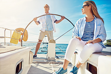 Image showing Relax, travel and luxury with couple on yacht for summer, love and sunset on Rome vacation trip. Adventure, journey and man and woman sailing on boat for ocean, tropical and honeymoon at sea