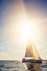 Image showing Mockup, friends and a yacht at sea for travel, tourism or a luxury summer vacation outdoor. Sunset, water and wave with a boat on the ocean in nature for an adventure, holiday or getaway with flare