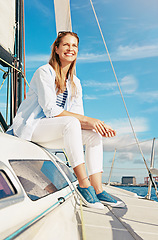 Image showing Travel, yacht and woman on cruise ship for holiday, summer vacation and weekend getaway in Italy. Travelling lifestyle, sea adventure and happy girl with smile, relaxing and freedom on boat trip