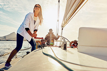 Image showing Boat, couple and sea travel, retirement holiday and wealth investment for hobby and steering wheel teamwork. Rich, fun and sailing of happy, mature people on ocean or lake water for outdoor adventure