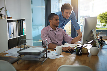 Image showing Corporate, computer and men trading, conversation and investment planning, financial growth and fintech in modern office. Traders, male employees and manager for investing, profit and communication