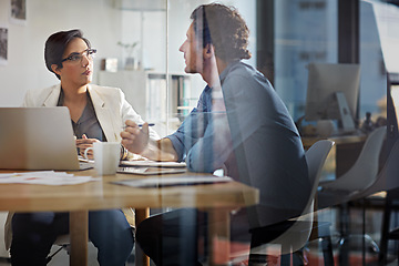 Image showing Planning, collaboration and business people in a corporate meeting, company discussion and brainstorming on a laptop. Teamwork, web design and employees talking about a plan for a website on a pc