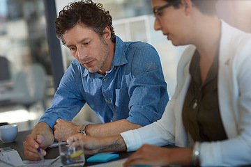 Image showing Team, business meeting and planning analysis or writing report note, web research innovation or tech partnership conversation. Diversity, teamwork and strategy analytics with documents in office