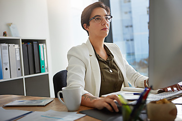 Image showing Computer, research and business woman in office typing online documents, website database and writing email. Corporate, networking and busy female employee at desk with focus, planning and ideas