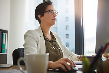 Image showing Focus, office and business woman with computer typing online documents, website research and writing email. Corporate, networking and busy female employee at desktop with focus, planning and ideas