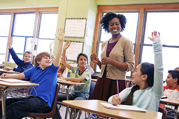 Image showing School, tutor and students raise their hands to ask or answer an academic question for learning. Diversity, education and primary school kids speaking to their woman teacher in the classroom.